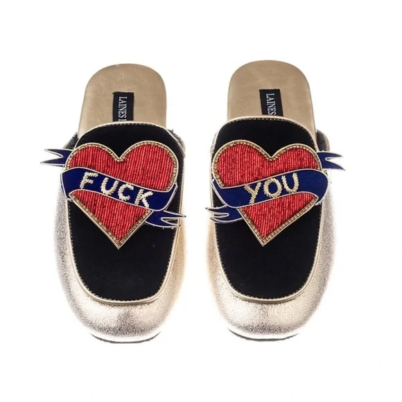 NWOT Wolf & Badger Laines London F You Gold Mules Terry Fleece slippers flats 7 - Picture 1 of 9